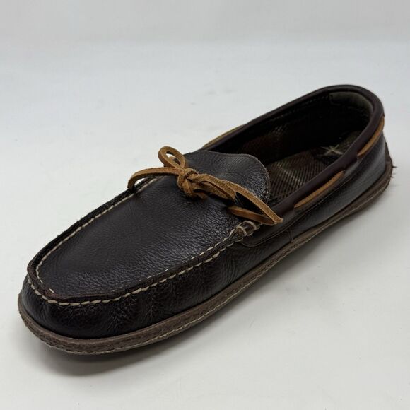 LL Bean Slippers Mens 9 M Brown Leather Flannel Lined Handsewn Moccasin Shoes - Picture 7 of 16